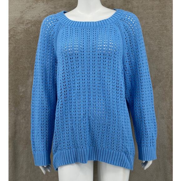 Talbots Sweater Womens 2X Blue Open Knit 100% Cotton Coastal Beachy Minimalist - Picture 1 of 9